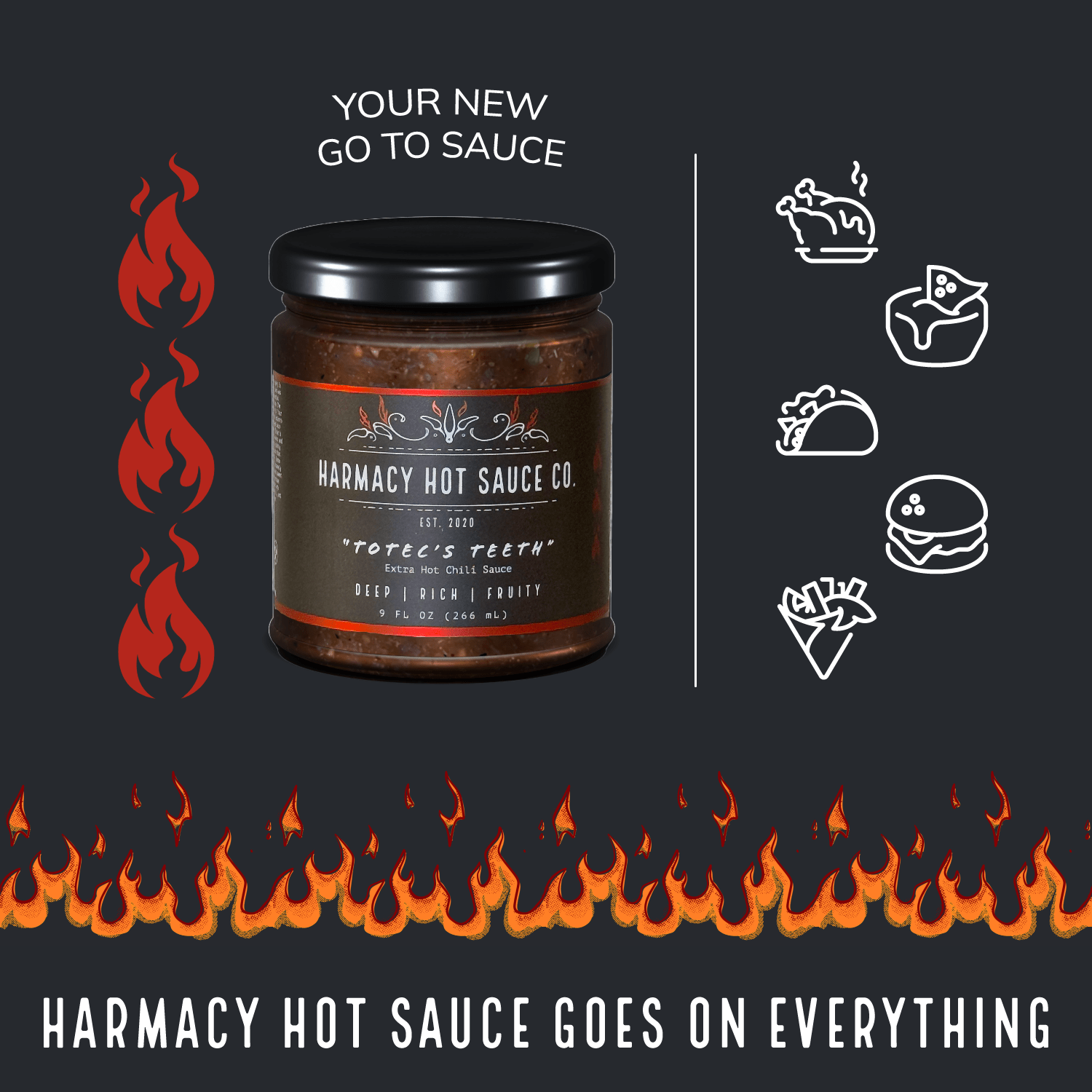 Harmacy Hot Sauce Co. - Totec's Teeth - Extra Hot Dried Chili & Plum Pepper Sauce (9oz) - FishNook Tinned Seafood Co.
