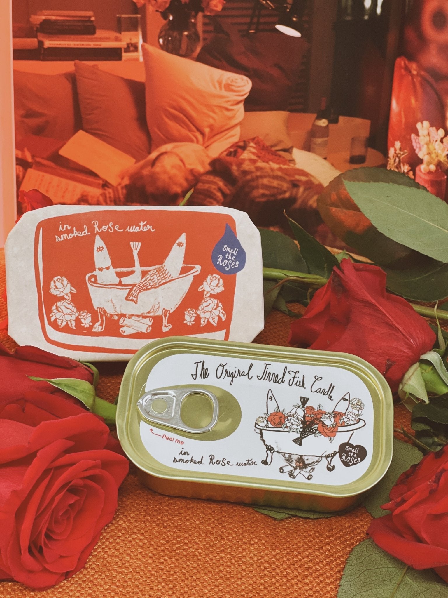 Tinned Candle - Tinned Fish Candle - Smoked Rose Water (Roses and Campfire Scented) - FishNook Tinned Seafood Co.