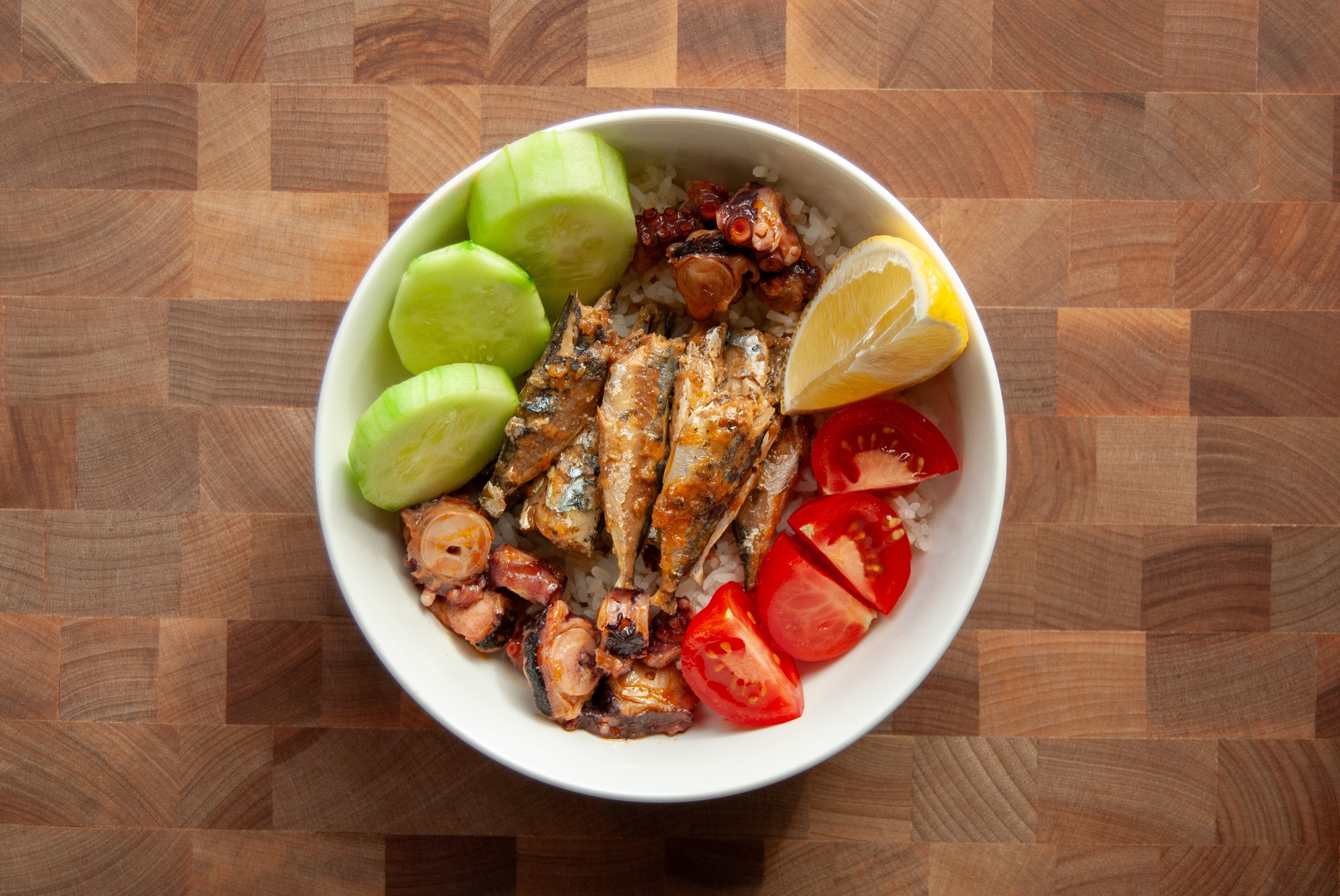 Tinned Fish Rice Bowl: Horse Mackerel and Octopus with fresh cucumber, tomato and lemon