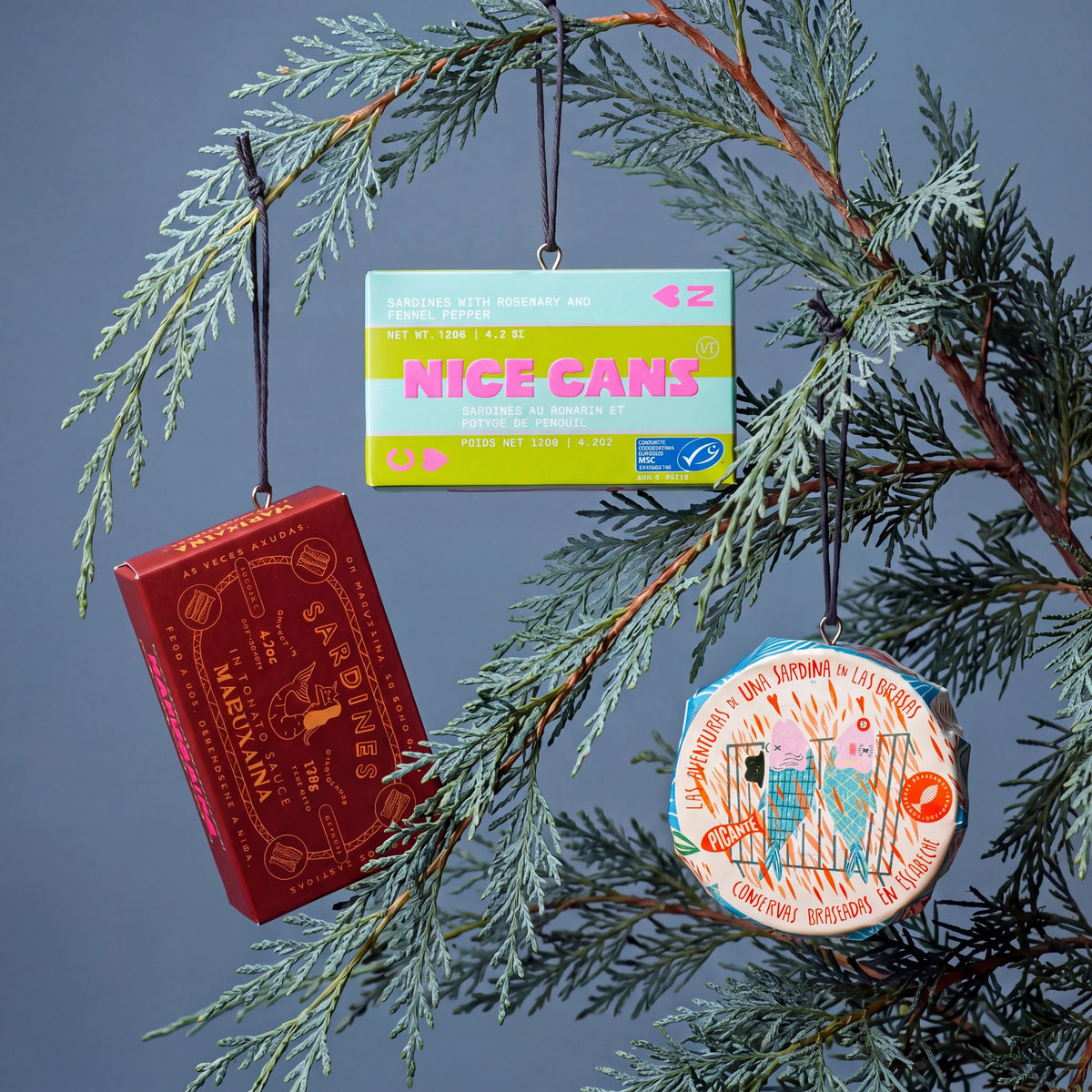 Holiday Tree with Nice Cans, Maruxaina, and Gueyu Mar tins as the centerpiece