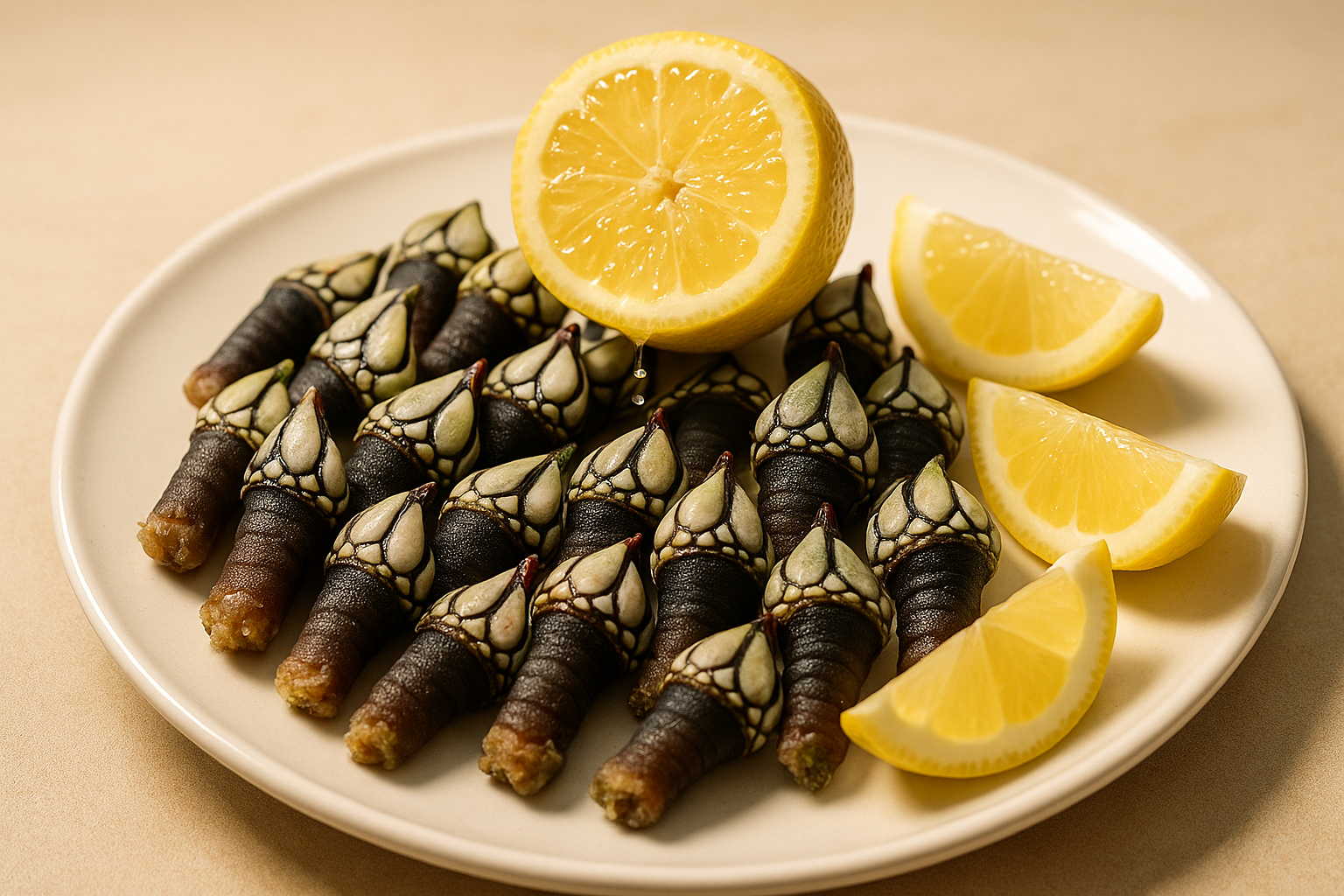 A plate of gooseneck barnacles with lemon