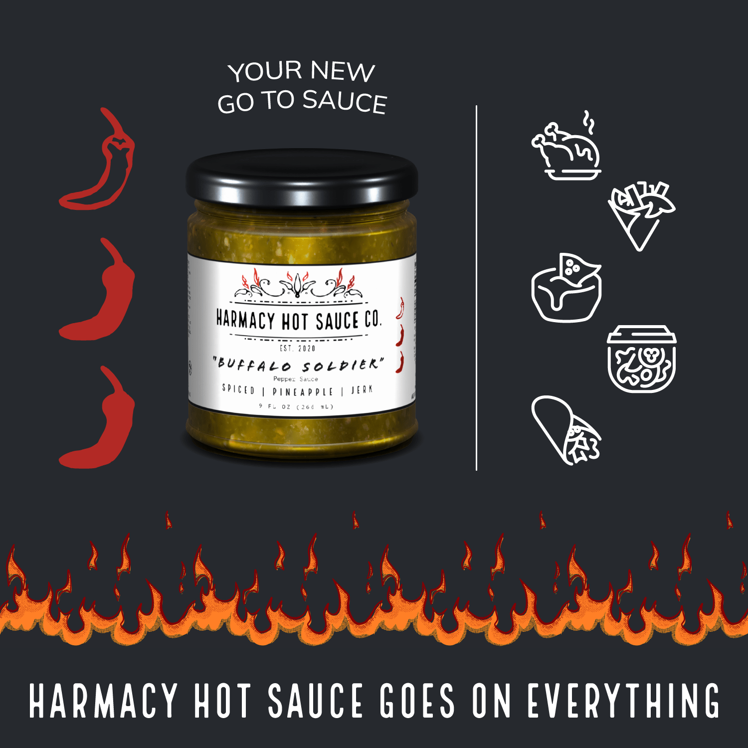 Harmacy Hot Sauce Co. - Buffalo Soldier - Grilled Pineapple Jerk Sauce (9oz) - FishNook Tinned Seafood Co.