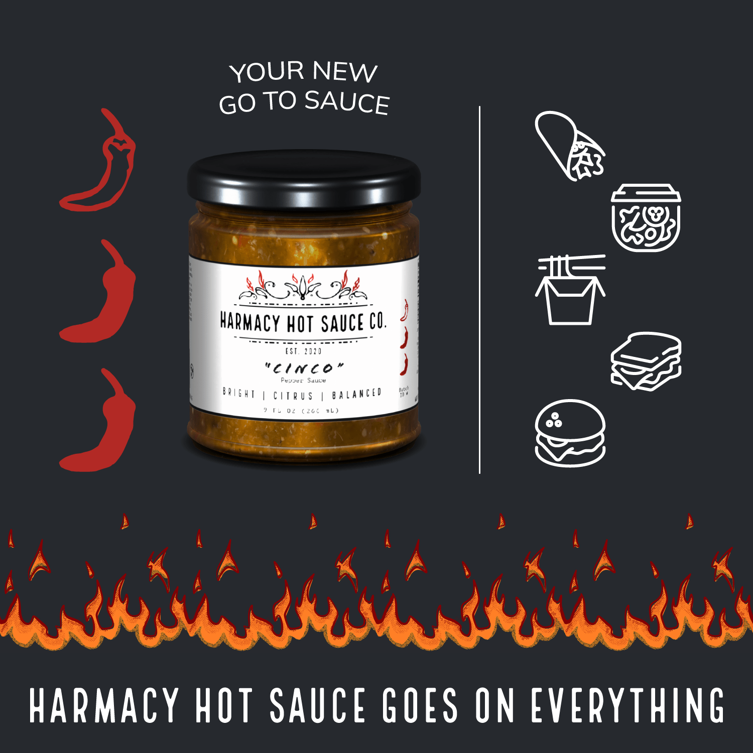 Harmacy Hot Sauce Co. - Cinco - Tomatillo & Clementine Pepper Sauce (9oz) - FishNook Tinned Seafood Co.