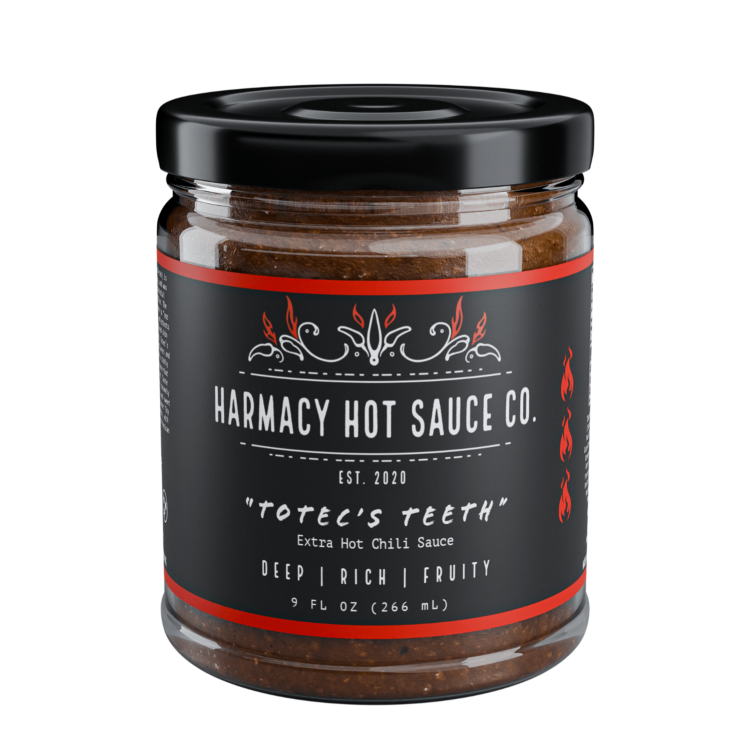 Harmacy Hot Sauce Co. - Totec's Teeth - Extra Hot Dried Chili & Plum Pepper Sauce (9oz) - FishNook Tinned Seafood Co.
