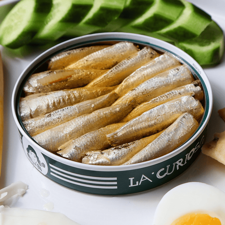Tinned Fish Snack Plate featuring La Curiosa Small Sardines in Olive Oil