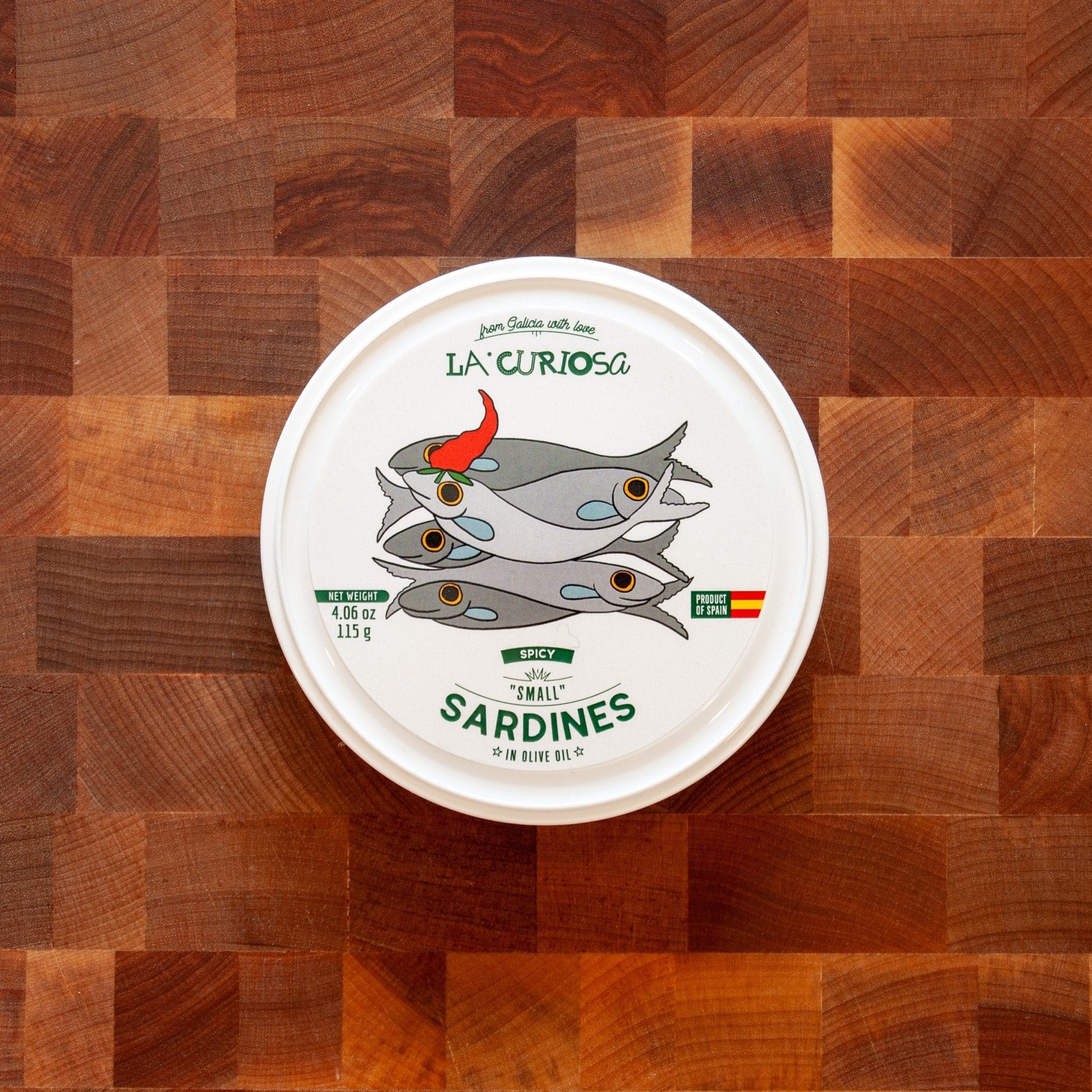 La Curiosa Small Spicy Sardines In Olive Oil 10/14 - FishNook Tinned Seafood Co. - Front Hero Image